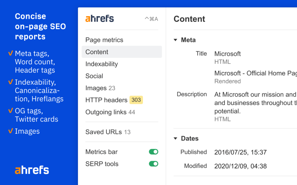 Ahrefs SEO Toolbar- On-Page and SERP Tools Ahrefs SEO Toolbar-